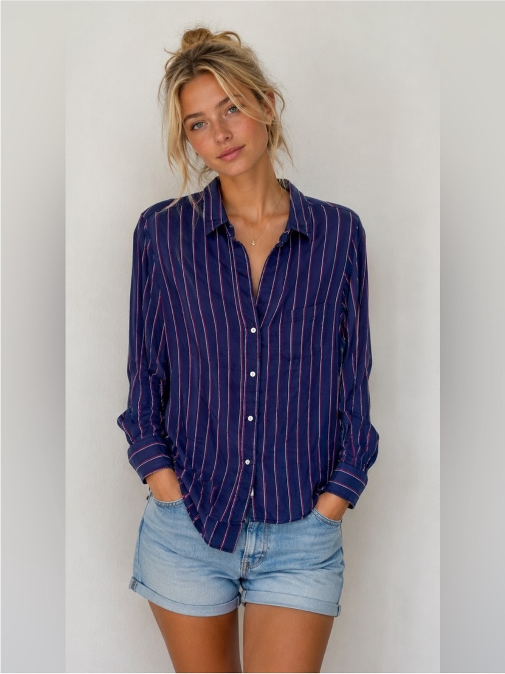 Grayson The Hero Button Down Flannel Shirt Striped Women's Size 01 XS Navy
